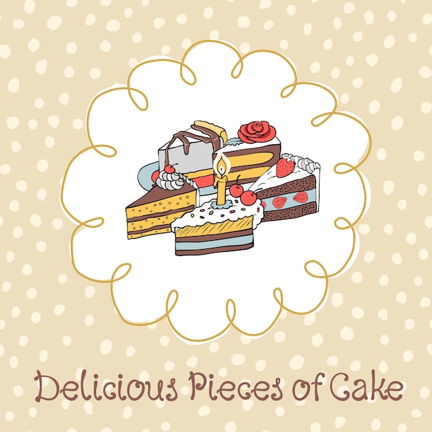 手描きの要素を持つベージュの背景にさまざまなカップケーキのカード
