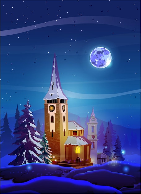 Card with vertical night beautiful landscape with winter houseschapel trees mountain and Moon Shine with purple moon snow and deep blue sky Landscape background for your arts