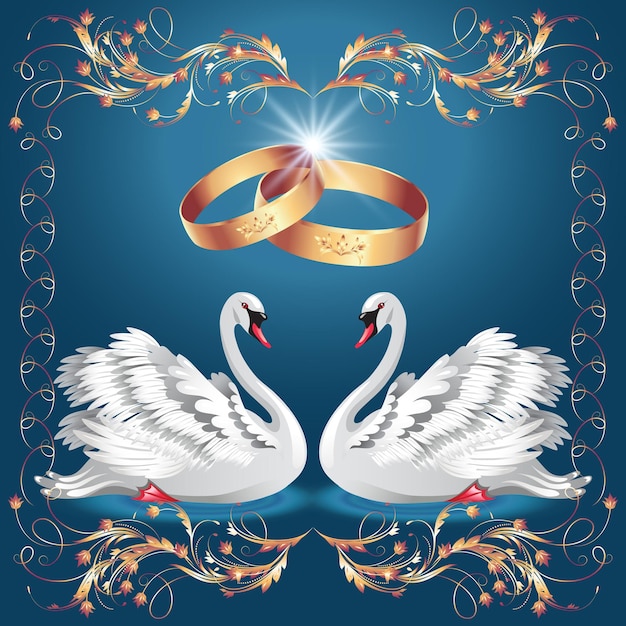 Card with wedding rings and two swans in ornament frame