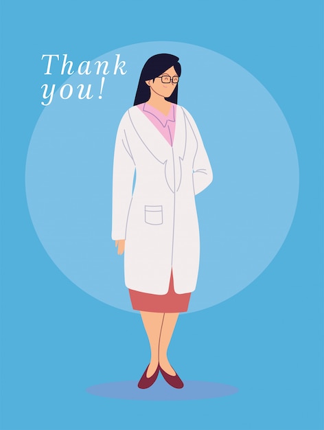 Vector card with woman doctor with uniform glasses and thank you text