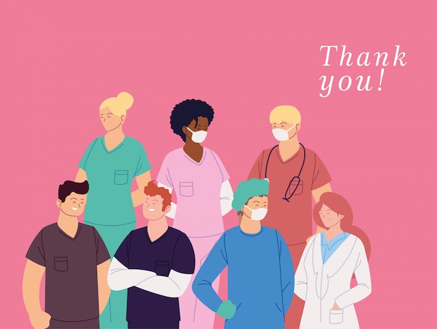 card with Women and men doctors with uniforms and thank you text