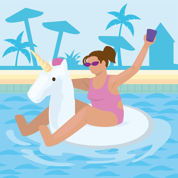 Vector card of woman in pool with unicorn float