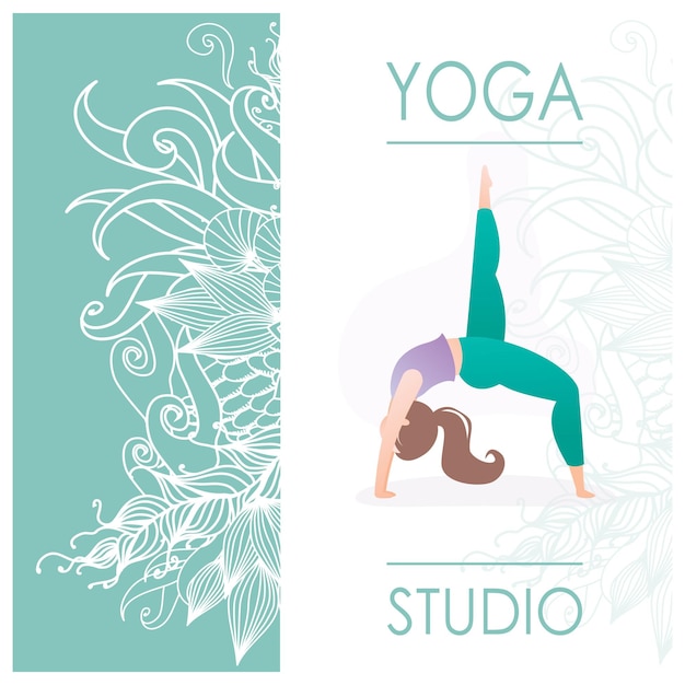 Card for Woman yoga studio with floral ornament and girl doing yoga pose