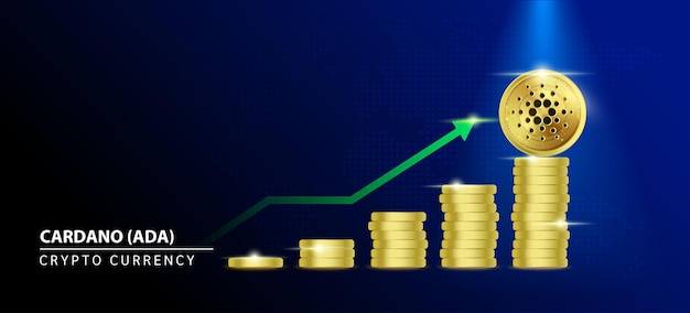 파란색 배경에 Cardano ADA Coin 암호 화폐 금화 더미에서 가격 인상