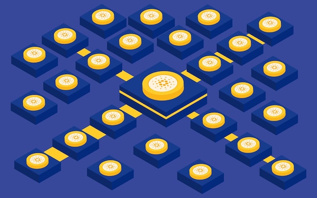 Cardano coin cryptocurrency block chain gold isometric design Vector illustration