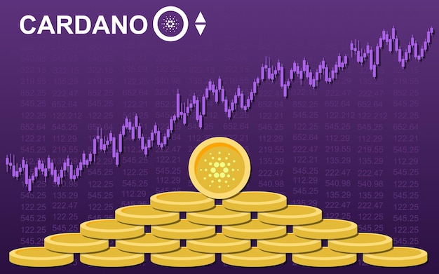 Cardano coin cryptocurrency with growth candlestick graph over stack of gold cardano coin