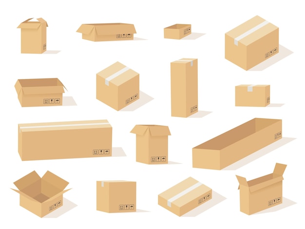 골판지 상자. 상자는 다양한 크기, 전면 보기 및 다양한 각도, 정사각형 및 직사각형 상자 포장, 배달 화물 벡터 세트를 열고 닫습니다.