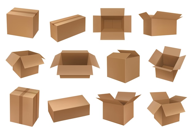 ベクトル 段ボール箱、貨物および小包のパッケージ、コンテナ。カートンの閉じた状態と開いた状態のパッケージ