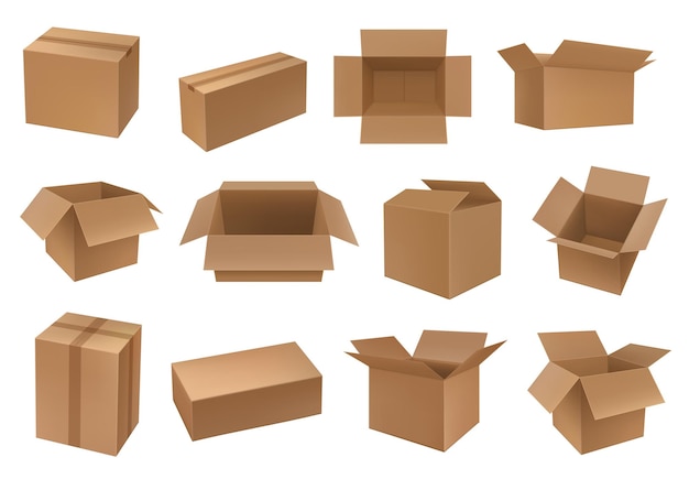 Cardboard box, cargo and parcel packages, containers. Carton closed and open packaging