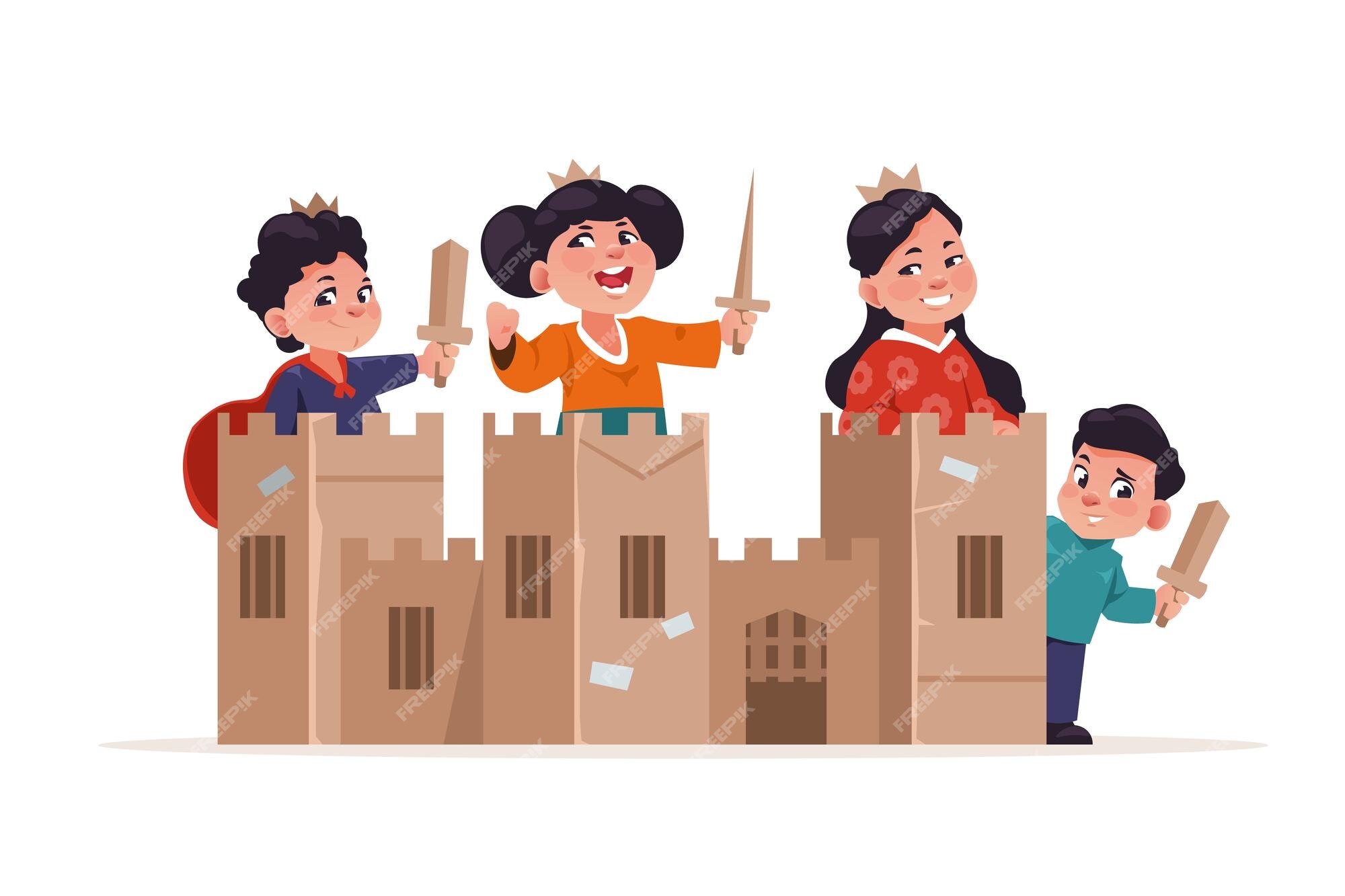 Premium Vector | Cardboard box castle cartoon children knights playing with  handmade toys cute characters build together carton fortress vector  illustration