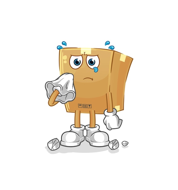 cardboard box cry with a tissue. cartoon mascot vector