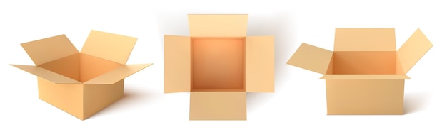 Vettore scatola di cartone. scatole aperte vuote isolate su priorità bassa bianca. illustrazione vettoriale.