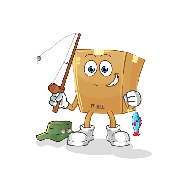 Cardboard box fisherman illustration. character vector