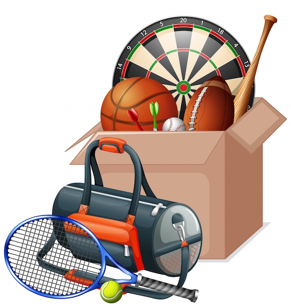 Cardboard box full of sport equipments on white