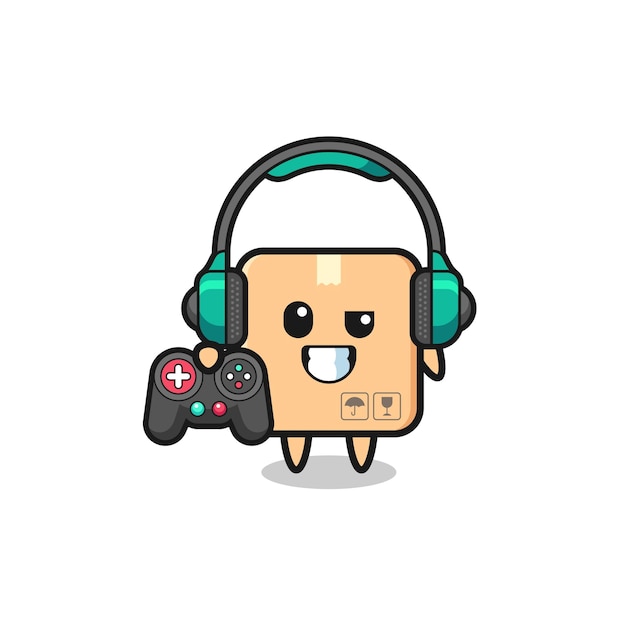 Vector cardboard box gamer mascot holding a game controller