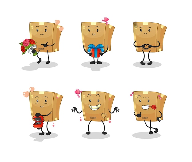 Cardboard box love set character. cartoon mascot vector