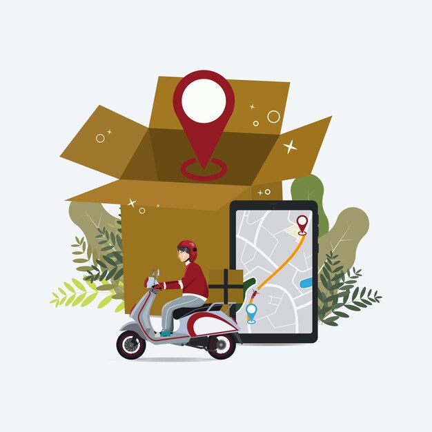 Cardboard box motorcycle and phone for delivery service concept