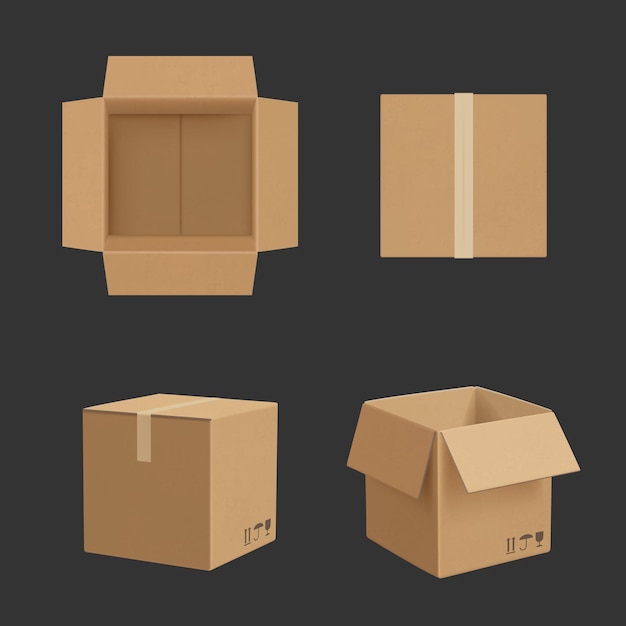 段ボール箱。パッケージの現実的なベクトルのモックアップを輸送する紙箱のさまざまな視点。イラスト紙段ボールブランク、パック用の箱の空のコンテナ