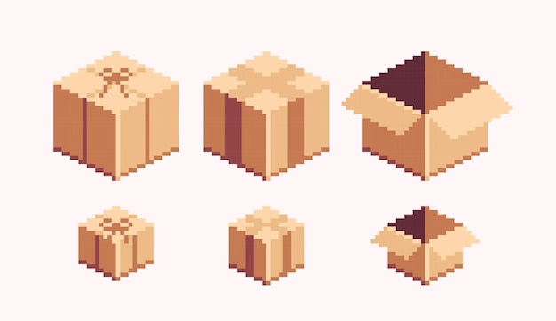 Vector cardboard box pixel art set. paper crate, open and closed collection. empty carton package.