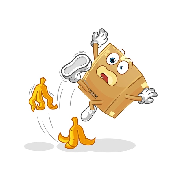 Cardboard box slipped on banana cartoon mascot vector