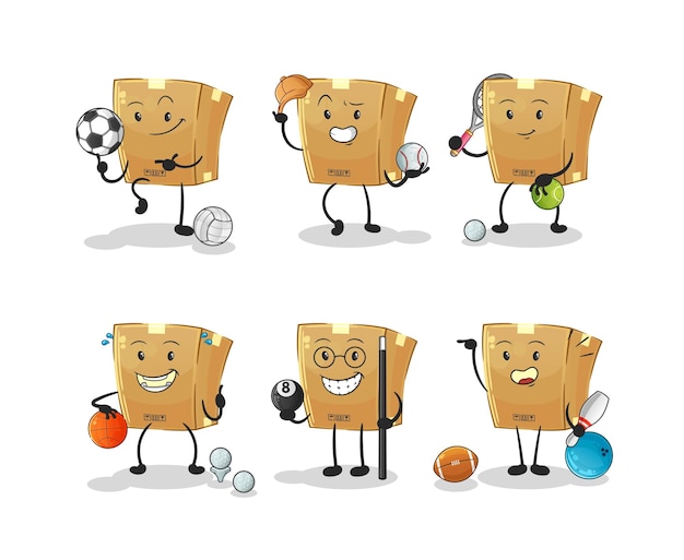 Cardboard box sport set character cartoon mascot vector