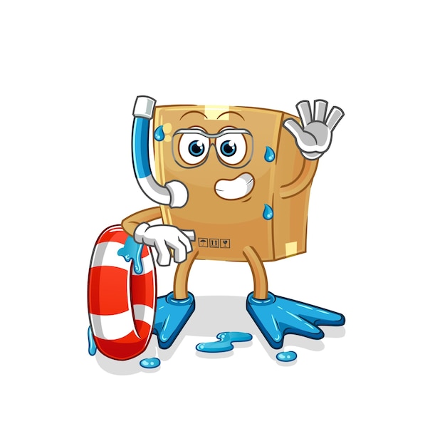 Cardboard box swimmer with buoy mascot cartoon vector