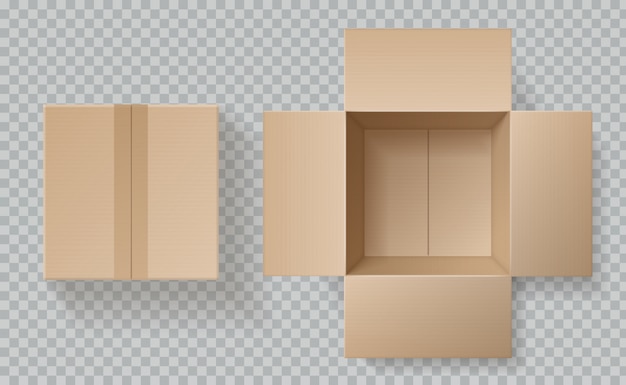 Cardboard box top view. open closed boxes inside and top, brown pack mockup, delivery service realistic empty carton  template