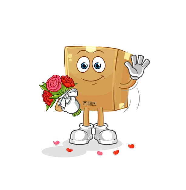 Cardboard box with bouquet mascot. cartoon vector