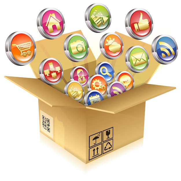 Cardboard box with set of icons