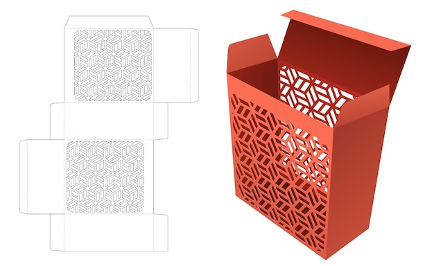 Cardboard box with stenciled Japanese pattern on 2 walls die cut template and 3D mockup