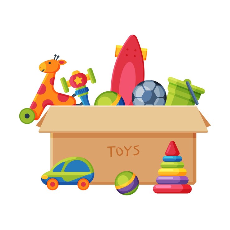 वेक्टर cardboard box with various colorful toys plastic container with scateboard giraffe pyramid ball giraffe on wheels flat vector illustration