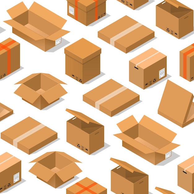 Cardboard boxes background pattern on a white isometric view various shapes of packaging open close big and small vector illustration