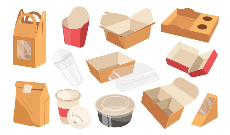 Vector cardboard boxes cups bowls and bags one time packaging for fastfood storage and meal delivery set