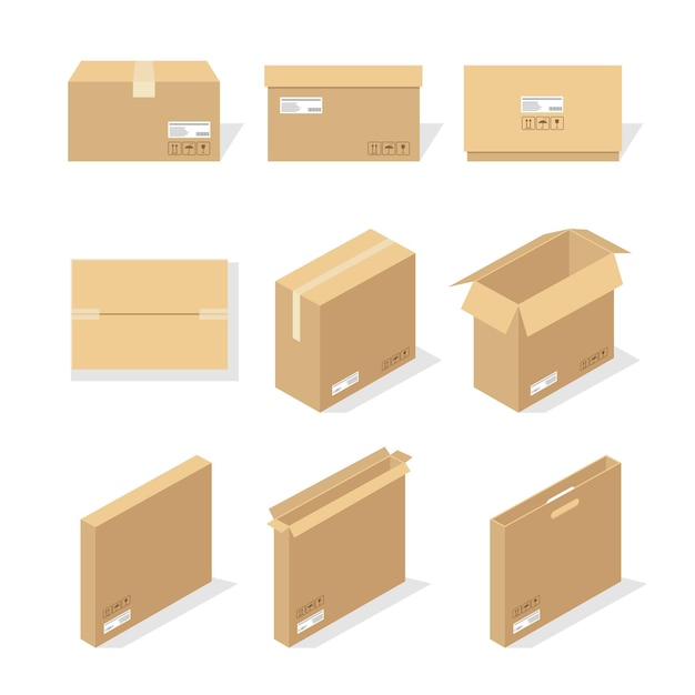 Вектор Картонные коробки или упаковочная бумага и транспортировочные коробки; картонные посылки и посылки для доставки в стопку.