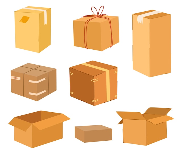 Vettore set di scatole di cartone consegna e imballaggio consegna del trasporto illustrazioni vettoriali disegnate a mano isolate su sfondo bianco