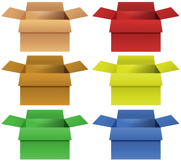 Vector cardboard boxes in six colors