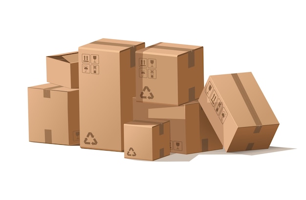 Cardboard boxes stack cartoon pile of delivery package for storage and shipping cargo in warehouse isolated square containers with recycling signs vector post mail illustration