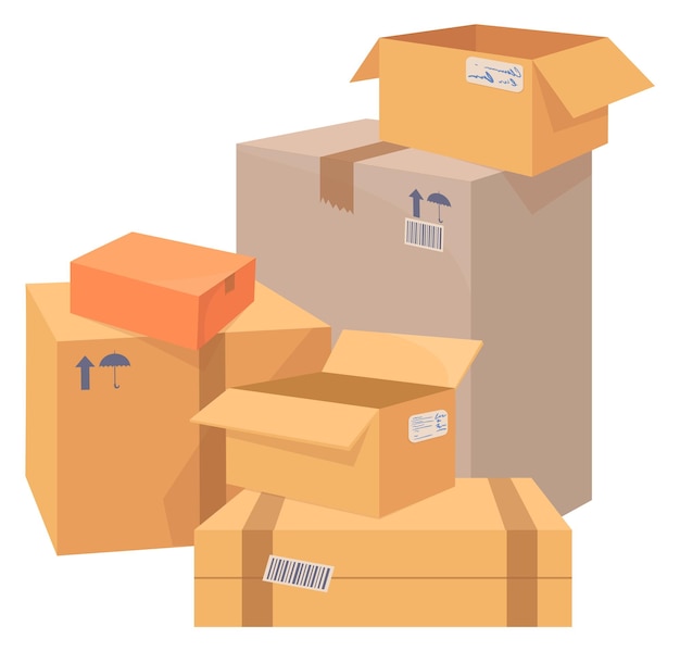 Vector cardboard boxes stack paper cartoon packages pile isolated on white background