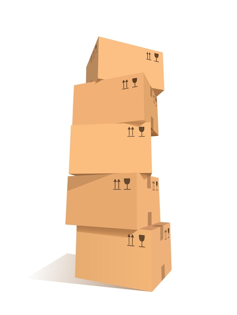 Vector cardboard boxes stacks. stacked set of packages with symbols. graphic design element for flyer, poster, mail service, worldwide service advertisement. isolated on white background. vector illustration