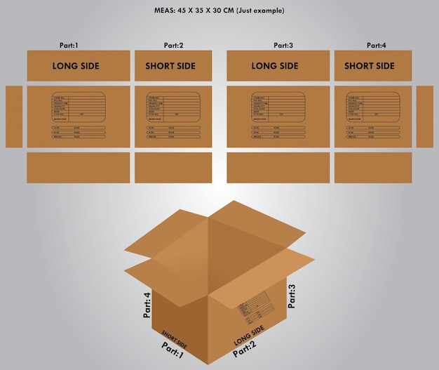 cardboard boxes on a white background add with shipping mark details 4 side dimension.