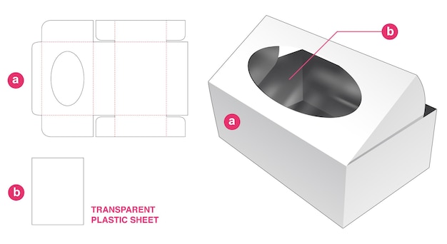 Cardboard flip box and ellipse window with transparent plastic sheet die cut template