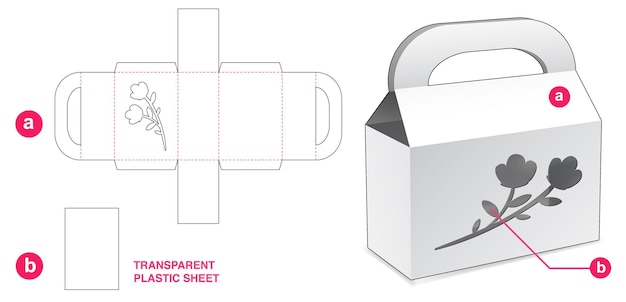 Коробка с картонной ручкой и окном со значком цветка и шаблоном для высечки из пластикового листа