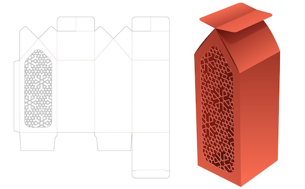 Cardboard house box with stenciled pattern die cut template and 3D mockup