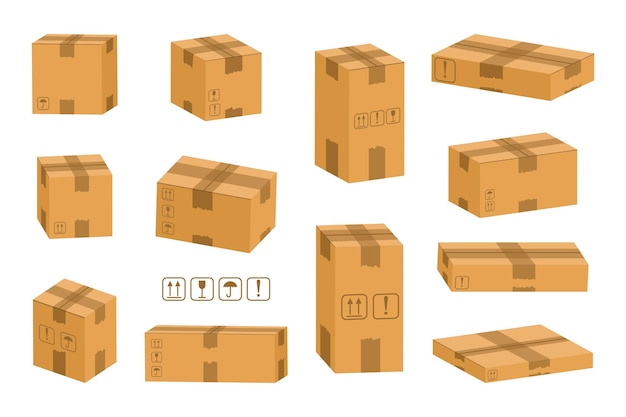 Cardboard package carton container for delivery cargo vector cartoon cardboard box isometric icon set