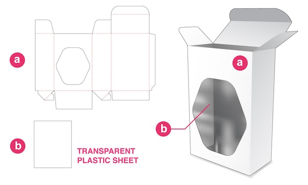 Vector cardboard packaging with hexagonal shaped window and plastic sheet die cut template