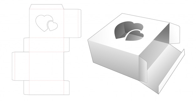 Vector cardboard rectangular box with hearts window die cut template