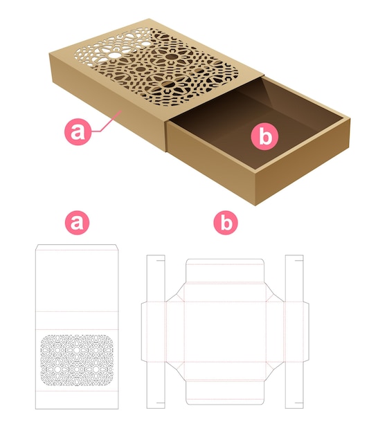Cardboard sliding box with stenciled pattern die cut template and 3D mockup