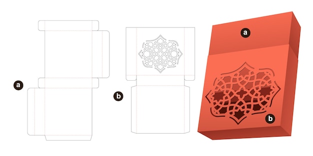 Cardboard stenciled pattern sliding box die cut template and 3d mockup