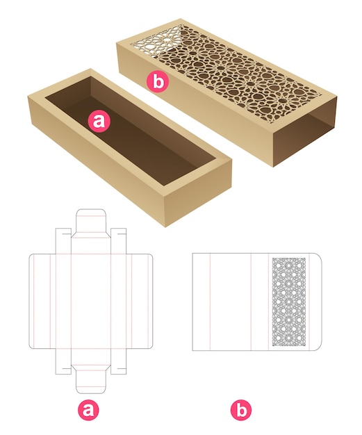 Vassoio di cartone e coperchio con modello fustellato con motivo arabo stampato e mockup 3d