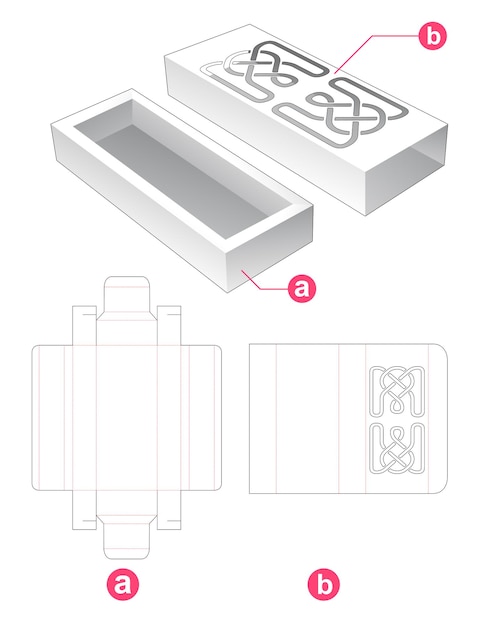 Cardboard tray and cover with stenciled line pattern die cut template